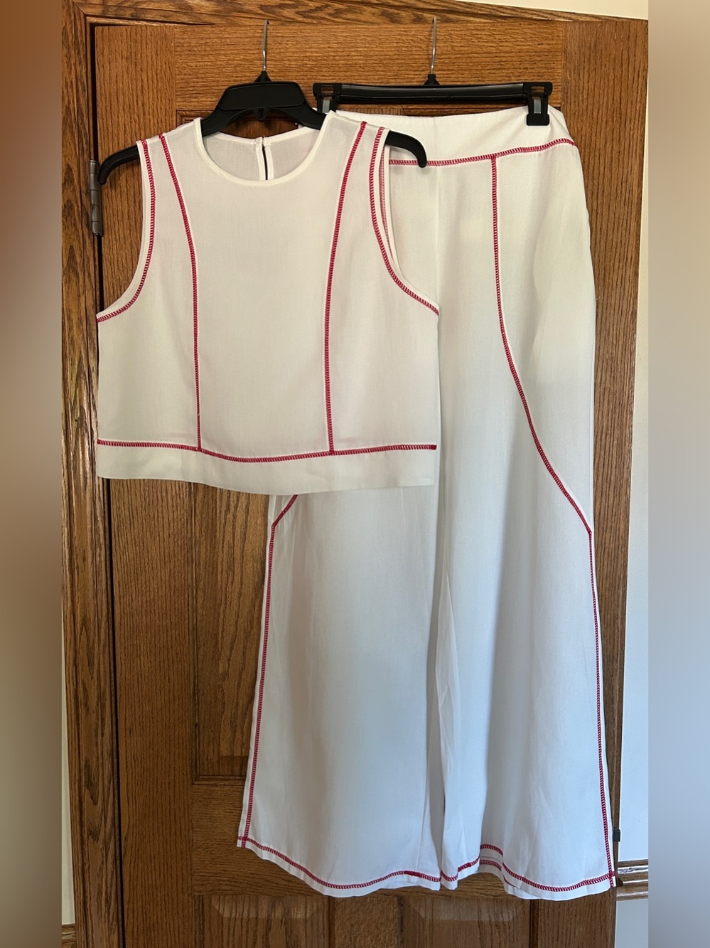 Sleeveless Top & Pant Set, White w/ Orange Piping, Side Zipper & Pockets, NWOT! - Picture 2 of 15